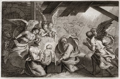 Bibbia di Royaumont, Nuovo Testamento: La Natività. Gesù Cristo nasce dalla Beata Vergine Maria in una stalla a Betlemme. Illustrazione del 1811 da Unknown artist
