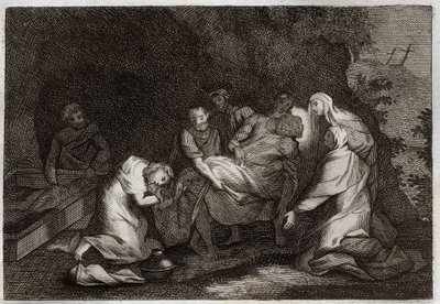 Bibbia di Royaumont, Nuovo Testamento: Sepolcro. Sepolcro di Gesù Cristo. Tra i personaggi che circondano il corpo di Gesù Cristo: la Vergine Maria, San Nicodemo, San Giuseppe d