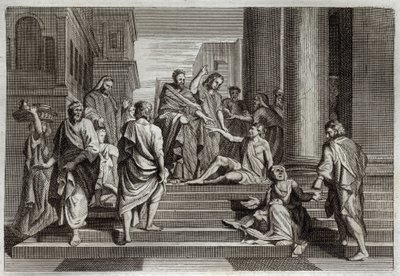 Bibbia di Royaumont, Nuovo Testamento: Guarigione del paralitico. San Pietro, accompagnato da San Giovanni, guarisce miracolosamente un paralitico a Gerusalemme. Illustrazione del 1811. da Unknown artist