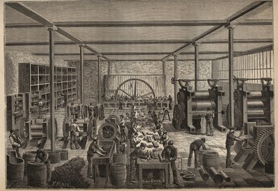 Gomma: fabbrica di gomma. Incisione del 1885 in 