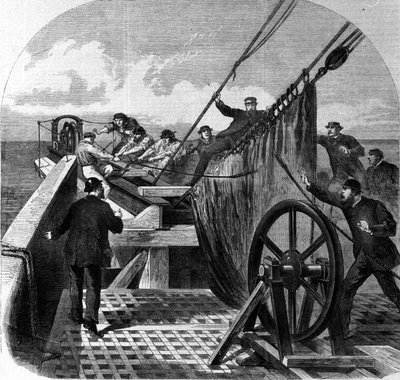 Rottura del cavo telegrafico transatlantico a bordo della nave Great Eastern trasformata in posacavi telegrafici transatlantici tra Europa e America, la rottura del cavo nel 1865 da Unknown artist