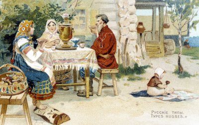 Famiglia russa che beve tè intorno a un samovar - cromo da Unknown artist