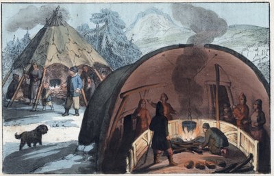 Famiglia Sami in una tenda in Lapponia - Interno di una capanna lappone con una famiglia intorno al fuoco - incisione da "Usi e Costumi di Tutti i Popoli dell