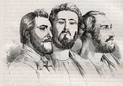 Saint-Simonianismo - Saint-Simoniani - Charles Duveyrier (1803-1866) - Emile Barrault (1799-1869) - Michel Chevalier (1806-1879) - Incisione del 1882 in Histoire de dix ans: 1830-1840 di Louis-Blanc (1811-1882) da Unknown artist