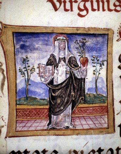 Santa Caterina da Siena (1347 - 1380) con un libro e un cuore, miniatura del XV secolo da Unknown artist