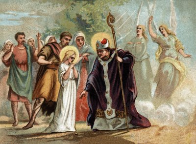 San Germano diede una medaglia a Santa Genoveffa, patrona di Parigi. Cromolitografia intorno al 1890 da Unknown artist