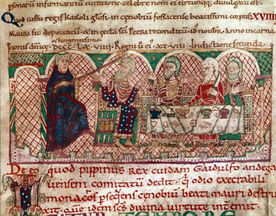 San Mauro (512-584) fondatore del monastero di Flanfeuil (San Mauro) in Angiò è ricevuto alla tavola di Gaidulfo di Ravenna, persecutore dei monaci e lo punisce Miniatura da Vita e Miracoli di San Mauro (ms 2273) 1100-1140 Biblioteca Municipale da Unknown artist