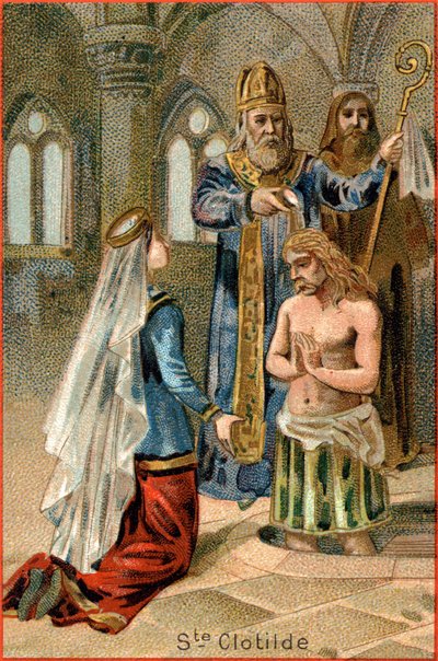 San Remigio, vescovo di Reims, battezza Clodoveo I (465-511), Re dei Franchi, il 25 dicembre 496. A sinistra, Santa Clotilde da Unknown artist