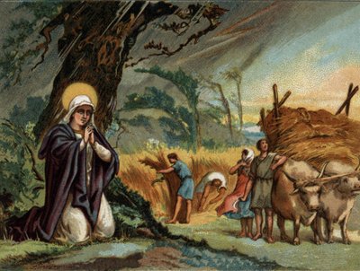 Santa Genoveffa, patrona di Parigi, preserva i raccolti dalla tempesta a Meaux. Cromolitografia intorno al 1890 da Unknown artist