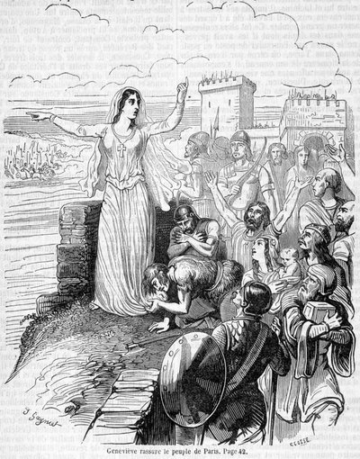 Santa Genoveffa, organizza la difesa di Parigi contro le orde di Attila e rassicura il popolo di Parigi - in "Histoire de France" di Anquetil da Unknown artist