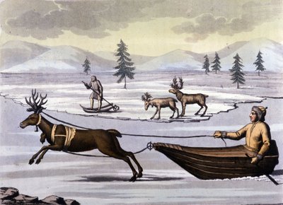 Popolo Sami: indigeni che vivono nelle terre dei paesi nordici (Norvegia, Finlandia, Svezia e Russia) si spostano con slitte trainate da renne o con sci. Incisione del XIX secolo da Unknown artist