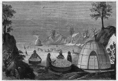 Stregone Sami che predice il futuro con un tamburo magico. Incisione del 1885. da Unknown artist