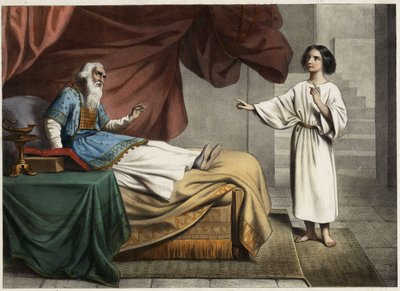 Samuele, che sente la voce del Signore chiamarlo nel mezzo della notte, pensa che sia il suo mentore, il sommo sacerdote Eli. Incisione anonima della metà del XIX secolo da Unknown artist