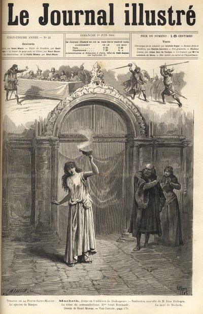 Sarah Bernhardt: Lady Macbeth in "Macbeth", dramma di Shakespeare, adattato da Jean Richepin - Teatro de la Porte Saint-Martin - incisione in "Le Journal Illustré" del 1884 da Unknown artist