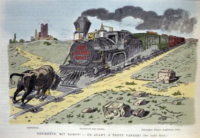 Vignetta satirica allegorica: il toro simbolo del capitalismo cerca di fermare il treno della riforma del lavoro. Ogni vagone è destinato a un paese: Germania, Francia, Inghilterra, Italia 1897 da Unknown artist
