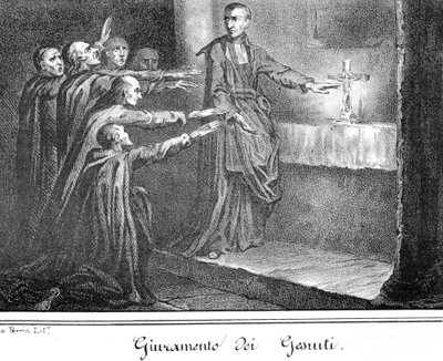 Scena che raffigura i Gesuiti che prestano giuramento. Incisione della fine del XIX secolo. da Unknown artist