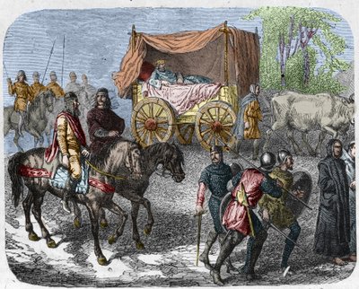Scena che raffigura i re pigri: il re di Francia Thierry III (673-691) trasportato in un carro con un letto trainato da buoi. da Unknown artist