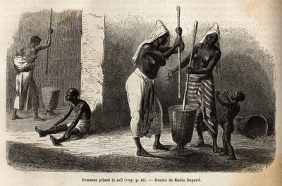Scena di vita quotidiana: donne che pestano miglio, a Sekou (Niger), circondate da bambini. Incisione per illustrare il viaggio nel Sudan occidentale del tenente (Marina) M. Mage, nel 1863-1866, pubblicato in "Le tour du monde, nouveau journal des voyages" da Unknown artist