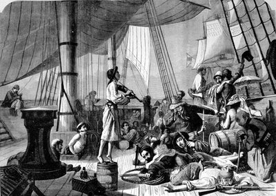 Scena sul ponte di una nave pirata. Incisione del XIX secolo. da Unknown artist