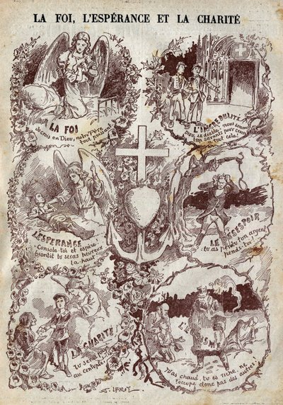 Scene che illustrano Fede, Speranza, Carità e i loro opposti, Incredulità, Disperazione ed Egoismo. Illustrazione in “Le Pelerin” del 27 marzo. da Unknown artist