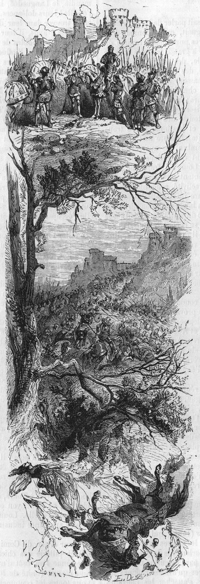 Scene di battaglie. Luigi XI diede una collana a Raoul de Lannoi (1481), Combattimento di Therouanne (1480) e Maria di Borgogna ferita da una caduta da cavallo (1482). Incisione del XIX secolo. da Unknown artist