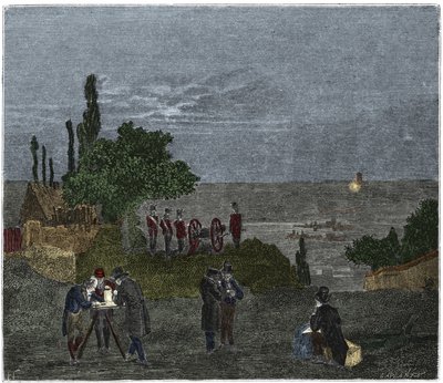 Esperimento scientifico: il calcolo della velocità del suono, da Humboldt, Louis-Joseph Gay-Lussac, Bouvard, Prony e Mathieu, che determinano il tempo trascorso tra la percezione della luce e quella di un colpo di cannone, nella notte da Unknown artist