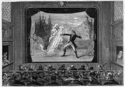 Spettacoli scientifici: spettri viventi. Esperienza degli spettri sul palco del teatro. Un comico combatte un fantasma. Incisione in "La Nature" da Unknown artist