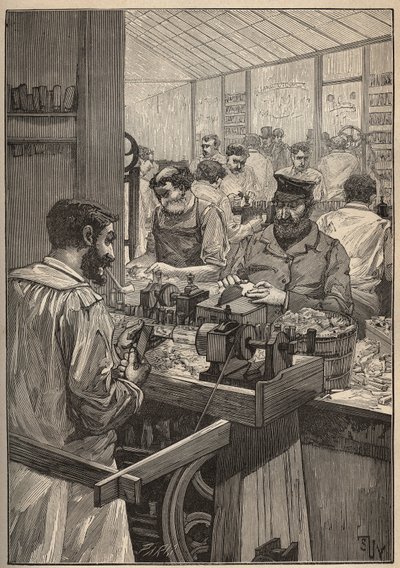 Schiuma di mare: fabbricazione di pipe in schiuma di mare. Incisione del 1885 in "Les arts et metiers illustres" di Adolphe Bitard da Unknown artist
