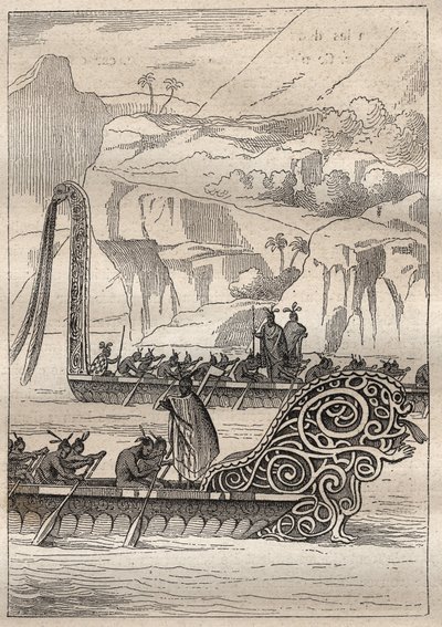 Secondo viaggio (1772-1775) del Capitano James Cook (1728-1779): canoe da guerra neozelandesi - illustrazione tratta da 