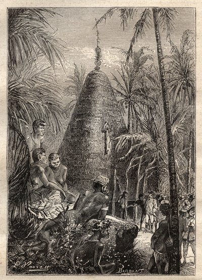 Secondo viaggio (1772-1775) del Capitano James Cook (1728-1779): casa circolare tradizionale, sul tetto di considerevole elevazione (Nuova Caledonia) - illustrazione tratta da “I grandi marinai del XVIII secolo” da Unknown artist