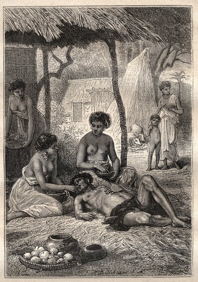 Secondo viaggio (1772-1775) del capitano James Cook (1728-1779): un isolano che passava la giornata ad essere inghiottito dalle sue mogli (Tahiti) - illustrazione tratta da "I grandi marinai del XVIII secolo" da Unknown artist