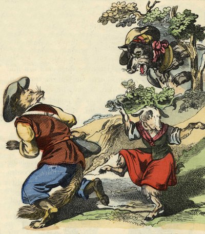Il lupo vede, Maestro Volpe fugge, lasciando Piccola Capretta in pericolo. Illustrazione della fiaba "Bon medor e Piccola Capretta". In "Fiabe dalla casa per i piccoli". Incisione anonima del XIX secolo da Unknown artist