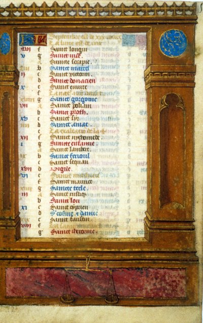 Calendario di settembre con il segno della Bilancia - Miniatura del Medioevo: Richiesta di permesso alla Biblioteca Municipale di Tolosa (tel: 05 62 27 66 66) da Unknown artist