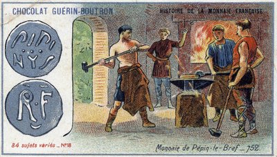 Serie Histoire de la Monnaie Française pubblicata da Chocolat Guérin Boutron. Cromolitografia del XIX secolo. Moneta di Pipino il Breve nel 752 da Unknown artist