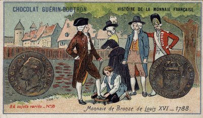 Serie Histoire de la Monnaie Française pubblicata da Chocolat Guérin Boutron. Cromolitografia del XIX secolo. Moneta di bronzo di Luigi XVI nel 1788 da Unknown artist