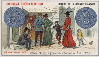 Serie Storia della Moneta Francese pubblicata da Chocolat Guérin Boutron. Cromolitografia del XIX secolo. Denaro d