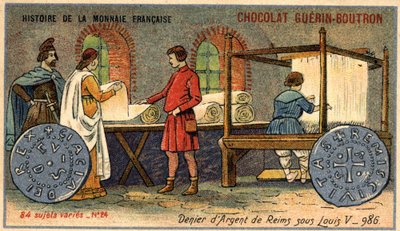 Serie Storia della Moneta Francese pubblicata da Chocolat Guérin Boutron. Cromolitografia XIX secolo. Il Denaro d