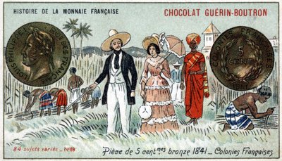 Serie Histoire de la Monnaie Française pubblicata da Chocolat Guérin Boutron. Moneta di bronzo da 5 centesimi nel 1841. Colonie francesi da Unknown artist