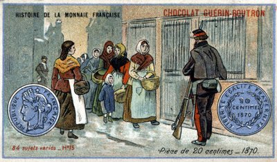 Serie Histoire de la Monnaie Française pubblicata da Chocolat Guérin Boutron. Cromolitografia del XIX secolo. Moneta da 20 centesimi del 1870 da Unknown artist