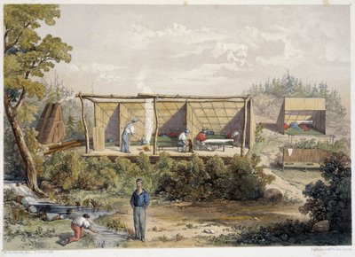 Accampamento dei coloni in Canada - in "Sketches on the nipisaguit a river of New Brunswick in America" di William Hickman, ed. Halifax da Unknown artist