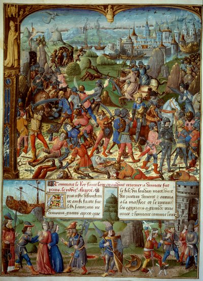 Settima Crociata (1248-1254). In alto, Luigi IX (San Luigi) (1215-1270), Re di Francia, con i crociati dopo essere stati sconfitti dai Saraceni a Mansourah nel 1250. Si ritirarono dietro le torri di Damasco. Luigi IX e i suoi due fratelli sono fatti prigio da Unknown artist