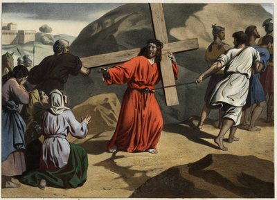 Salita al Calvario: Gesù che porta la croce consola le figlie di Gerusalemme. Incisione anonima della metà del XIX secolo. da Unknown artist