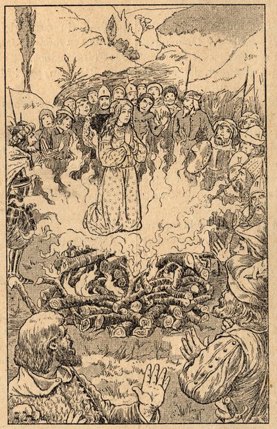 Rimane in mezzo alle fiamme... Santa Rosa da Viterbo (1233-1252). Incisione della fine del XIX secolo. Collezione privata. da Unknown artist