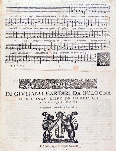 Pagina di spartito dei Madrigali (2° libro) di Giuliano Cartari di Bologna da Unknown artist