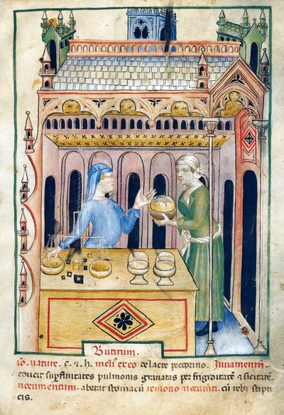 Negozio con pane al burro e due donne, illustrazione dal Tacuinum sanitatis, manoscritto illuminato, riedizione latina di un