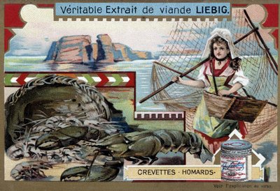 Gamberi e aragoste, con una giovane pescatrice, che porta il suo cestino e una grande rete - Cromolitografia Liebig da Unknown artist