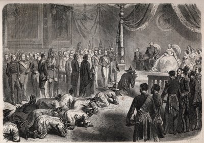 Gli ambasciatori del Siam strisciano verso la famiglia imperiale francese durante un