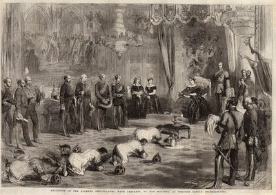 Gli ambasciatori del Siam strisciano verso la Regina Vittoria e il Principe Alberto durante la loro visita al Castello di Windsor. Incisione in 