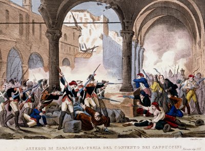 Assedio di Saragozza e il Convento dei Cappuccini nel 1808. Incisione a colori dell
