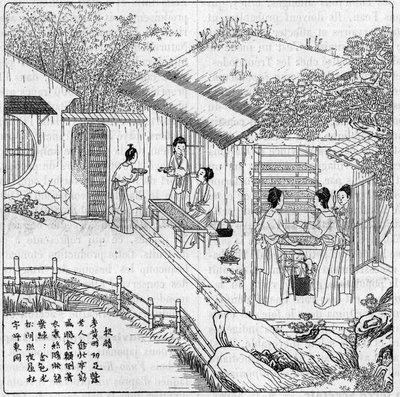 Seta e bachi da seta in Cina: Separazione del baco che vuole filare. Incisione in "La Nature: revue des sciences et de leurs applications aux arts et a l